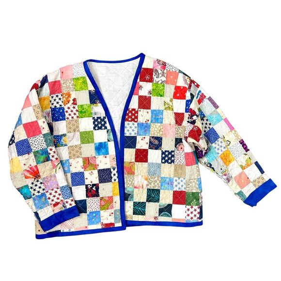 Handamde Jacket Womens Large Colorful Patchwork Quilted Open Front Rainbow - Picture 4 of 16